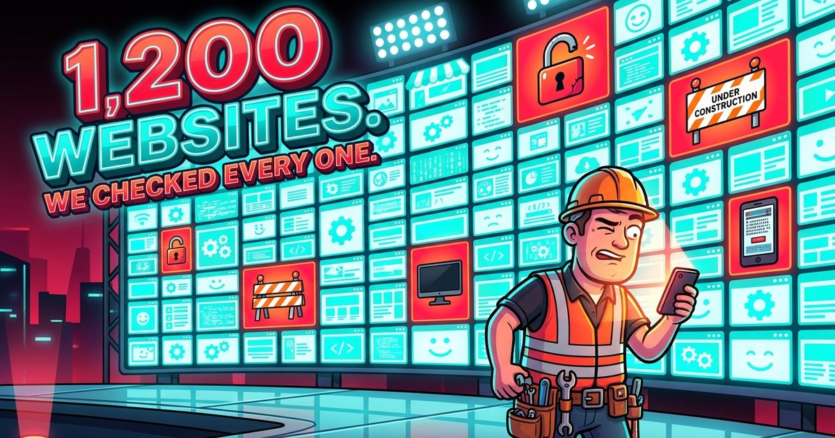 Illustration: a wall of small website screens, some showing broken padlocks and under-construction signs, with a tradesperson looking at a phone
