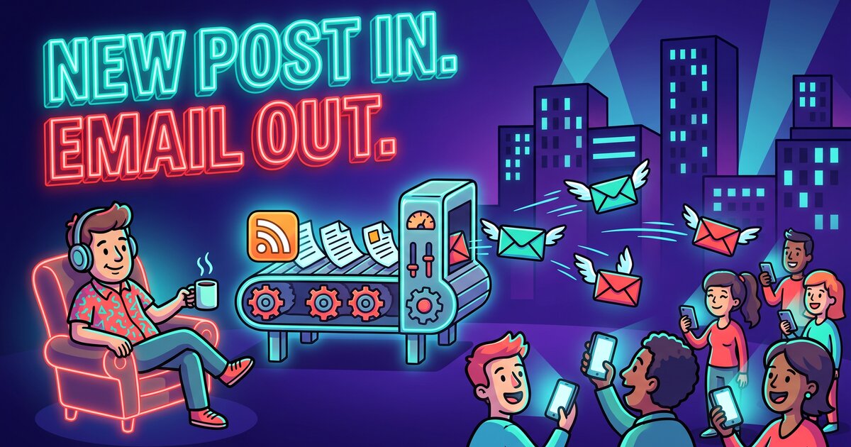 Cartoon of blog posts going through a machine and coming out as email to readers
