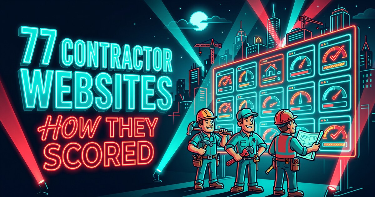 Cartoon roofer, plumber and remodeler standing in front of a glowing scoreboard of website score gauges, with the headline 77 Contractor Websites, How They Scored